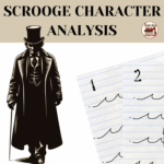 Scrooge character analysis thumbnail with Scrooge character and school paper with lines and writing scribbles