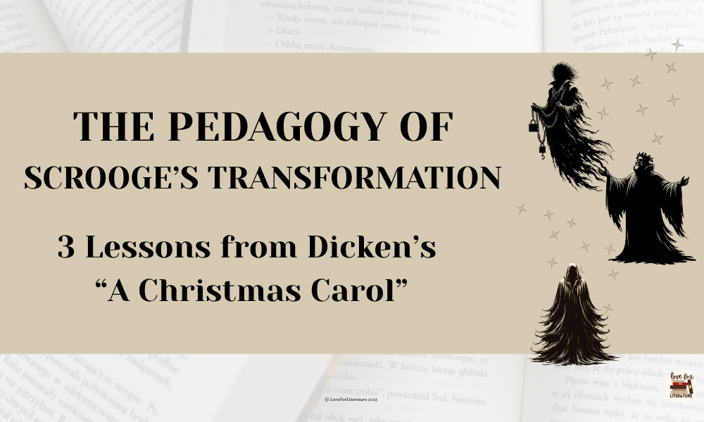 Hero image for The Pedagogy of Scrooge's transformation with three ghosts from A Christmas Carol and a beige literature inspired background