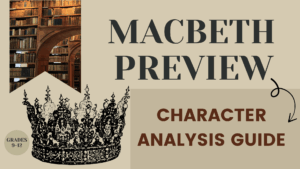 Macbeth character analysis guide preview with Macbeth crown, library background