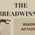 The Breadwinner reading activities hero image with worksheet preview on a brown beige background