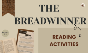 The Breadwinner reading activities hero image with worksheet preview on a brown beige background