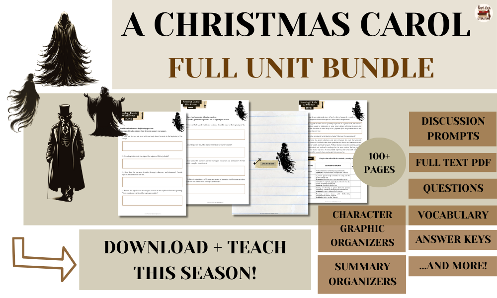 A Christmas Carol by charles dickens full unit novel study bundle preview with pages and description of activities
