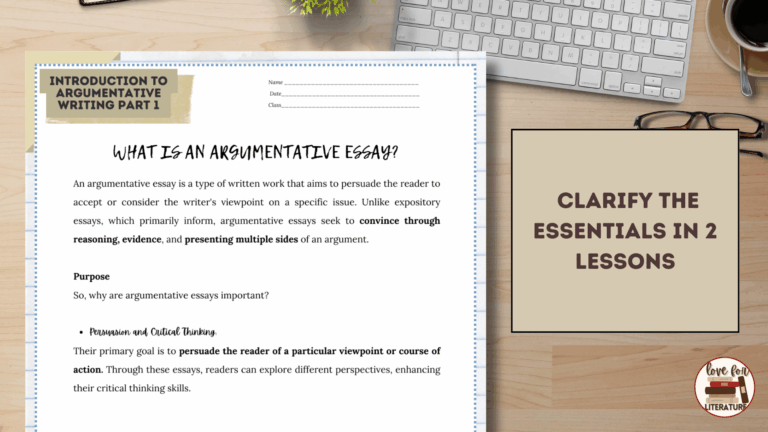 Sample of argumentative writing worksheet against a desk background