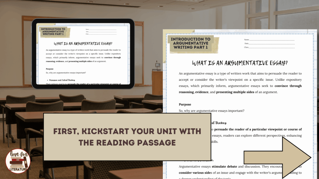 Sample of argumentative writing reading passage against a classroom background