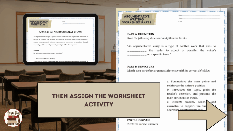 Sample of argumentative writing worksheet against a classroom background