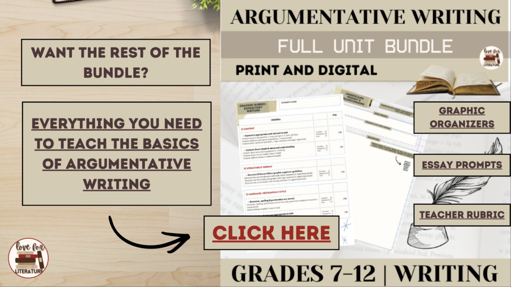 Argumentative writing unit bundle preview for loveforliterature logo in the left bottom corner against a desk background