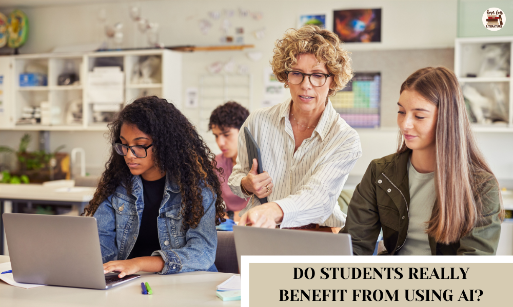 Teacher using laptop with middle school students during classroom discussion about AI.