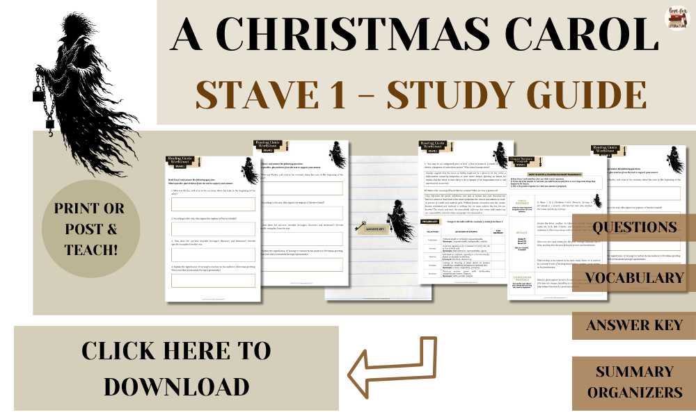 A Christmas Carol Stave 1 Study Guide displayed with worksheets ghost of marley image