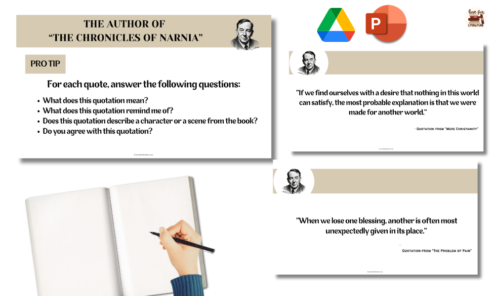3 slides from the CS Lewis quotes reflective writing prompts activity with instructional slide and two quotes, with google drive and powerpoint formats available
