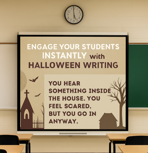 Halloween writing prompt on screen in a classroom for improving writing skills
