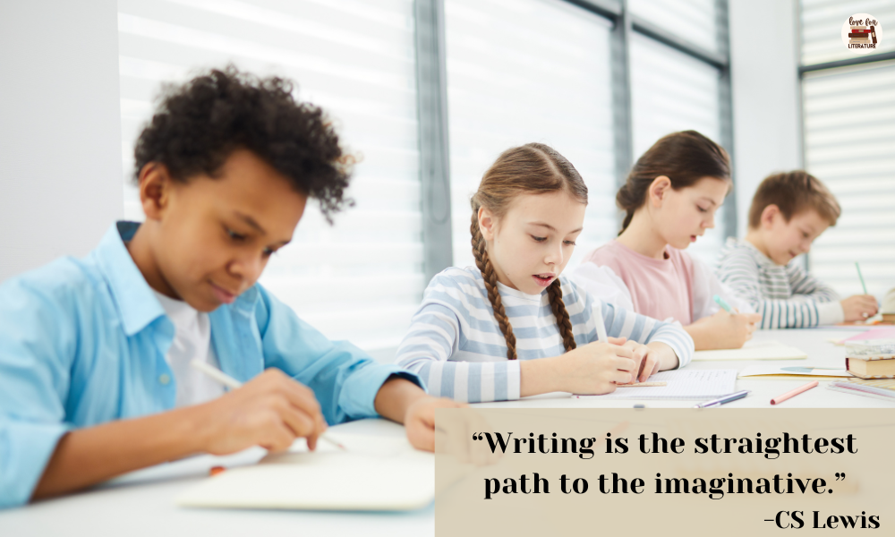 Middle schoolers writing on a desk in a reflective pose and CS Lewis quotation about the importance of writing for the imagination
